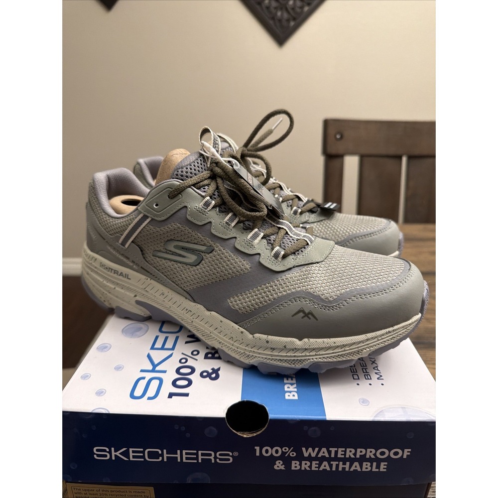 WOMEN SKECHERS WATERPROOF GO RUN TRAIL ALTITUDE 2.0 RAVINE Olive Gray MESH Sz 10